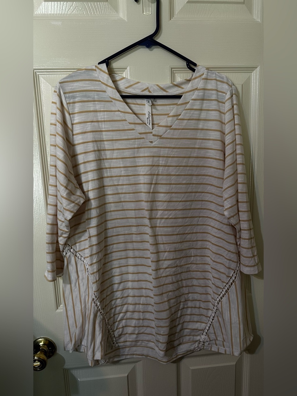 Lightweight Cream & Tan Striped V-Neck Tunic Top